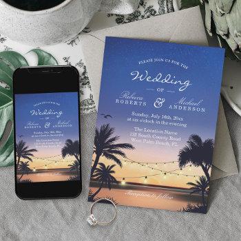 romantic sunset palm beach string lights wedding invitation