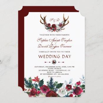 Small Romantic Winter Burgundy Floral Antlers Wedding Front View