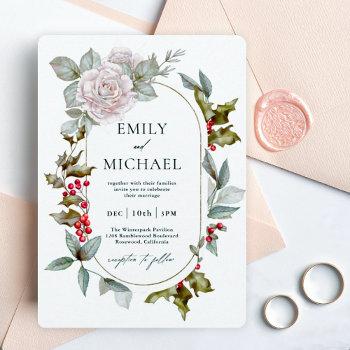 romantic winter floral and evergreens wedding invitation