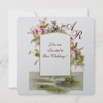 romantİca monogram,pink cyclamens, floral silver invitation