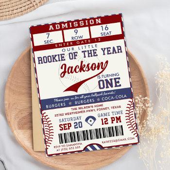 Small Rookie Of The Year 1st Birthday Baseball Ticket Front View
