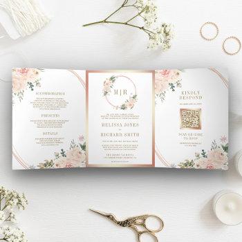 Small Rose Gold Blush Pink Floral Qr Code Wedding Tri-fold Front View