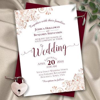 rose gold & burgundy elegant frilly lace wedding invitation