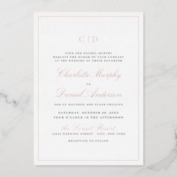rose gold classic elegance script monogram wedding foil invitation