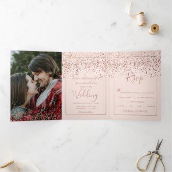 Small Rose Gold Confetti Blush Pink Typography Wedding Tri-fold Front View