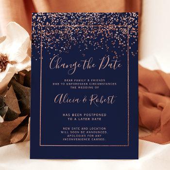 rose gold confetti navy blue change the date announcement postcard
