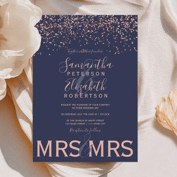 Small Rose Gold Confetti Navy Blue Lesbian Wedding Front View