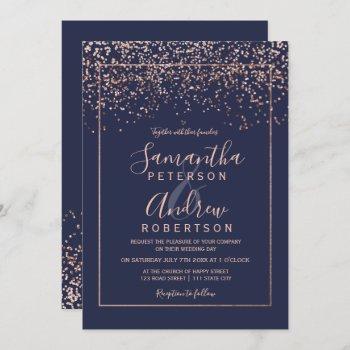 rose gold confetti navy blue typography wedding invitation