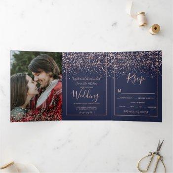 rose gold confetti navy blue typography wedding tri-fold invitation