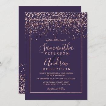 rose gold confetti purple typography wedding invitation