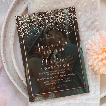 rose gold confetti typography photo wedding  foil invitation