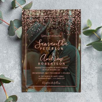 rose gold confetti typography photo wedding invitation