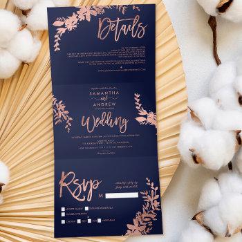 Small Rose Gold Floral Navy Blue Elegant Script Wedding Tri-fold Front View