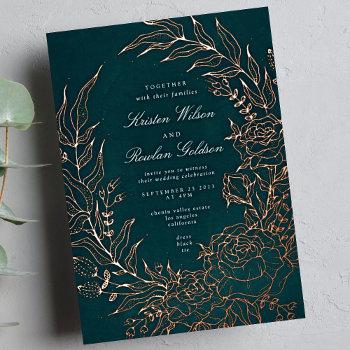 rose gold flower wreath emerald green wedding foil invitation