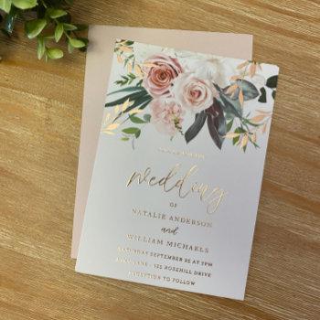 rose gold foil & blush flowers wedding foil invitation