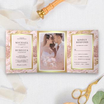 Small Rose Gold Glitter Blush Pink Marble Photo Wedding Tri-fold Front View