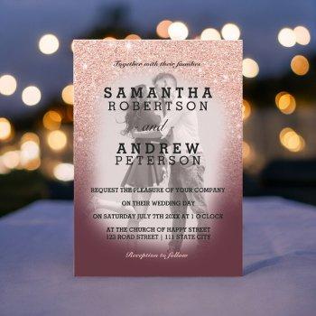 rose gold  glitter burgundy ombre photo wedding invitation