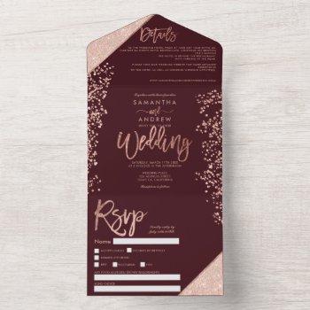 rose gold glitter confetti burgundy wedding all in one invitation