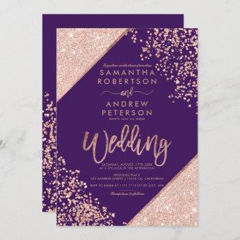 rose gold glitter confetti chic purple wedding invitation