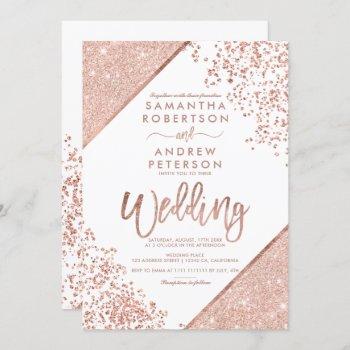 rose gold glitter confetti chic white wedding invitation