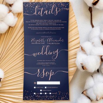 Small Rose Gold Glitter Confetti Navy Blue Chic Wedding Tri-fold Front View