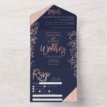 rose gold glitter confetti navy blue wedding all in one invitation