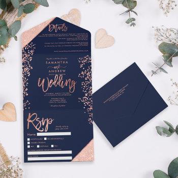 rose gold glitter confetti navy blue wedding all in one invitation
