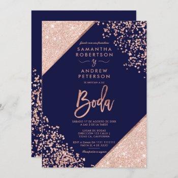 rose gold glitter confetti navy blue wedding invitation