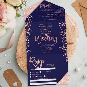 rose gold glitter confetti navy chic wedding all in one invitation