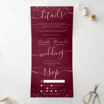 Small Rose Gold Glitter Confetti Red Burgundy Wedding Tri-fold Front View