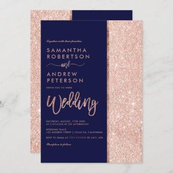 rose gold glitter navy blue color block wedding invitation