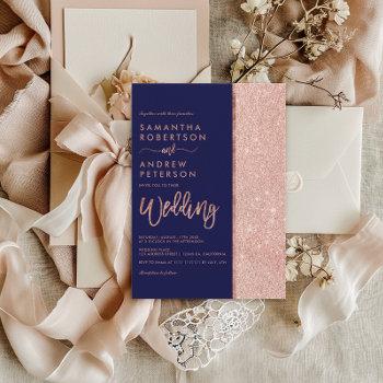 Small Rose Gold Glitter Navy Blue Color Block Wedding Front View