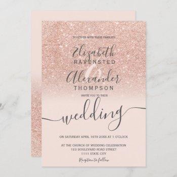 rose gold glitter ombre blush script chic wedding invitation