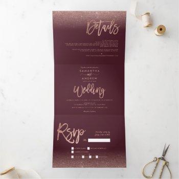 Small Rose Gold Glitter Ombre Red Burgundy Wedding Tri-fold Front View