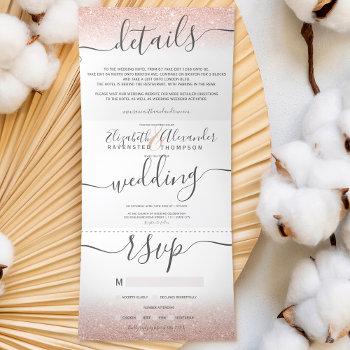 Small Rose Gold Glitter Ombre White Script Chic Wedding Tri-fold Front View