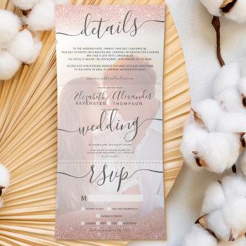 Small Rose Gold Glitter Ombre White Script Photo Wedding Tri-fold Front View