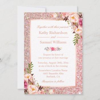 rose gold glitter pink floral wedding invitation