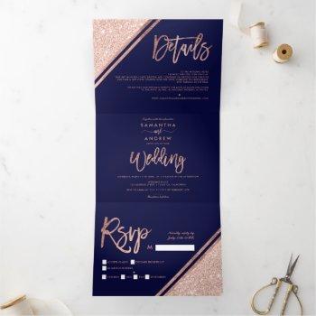 Small Rose Gold Glitter Script Border Navy Blue Wedding Tri-fold Front View