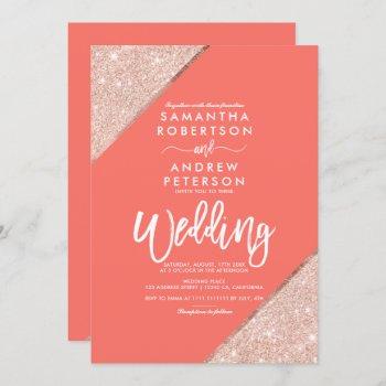 rose gold glitter typography coral wedding invitation