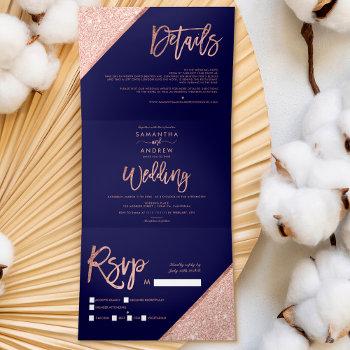 Small Rose Gold Glitter Typography Navy Blue Wedding Tri-fold Front View