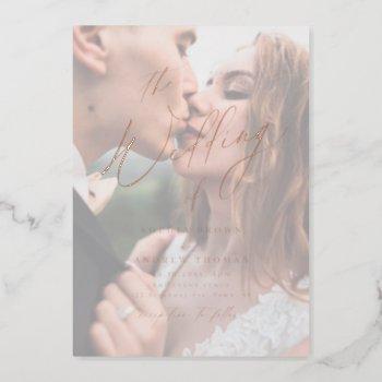 rose gold modern script minimalist photo wedding foil invitation