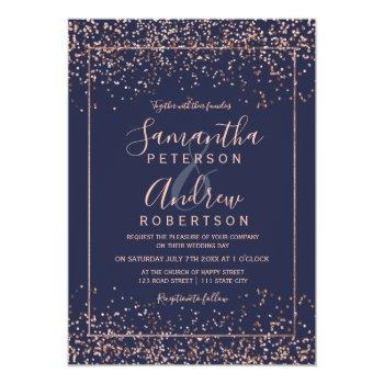 Small Rose Gold Navy Blue Confetti Typography Wedding Front View