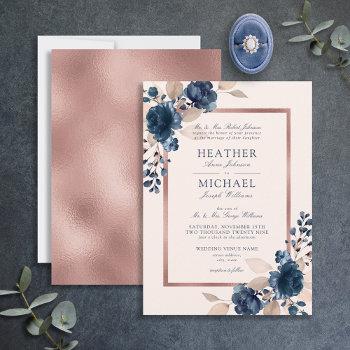 rose gold navy blue dusty pink floral wedding invitation