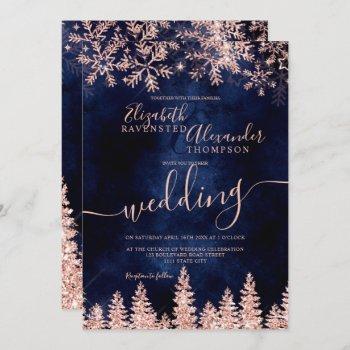 rose gold snow pine navy christmas winter wedding invitation