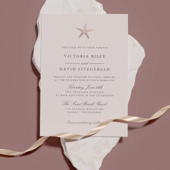 rose gold starfish elegant ocean beach wedding invitation
