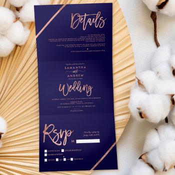 Small Rose Gold Stripes Navy Blue Typography Wedding Tri-fold Front View