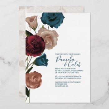 rose gold, teal, burgundy wedding foil invitation
