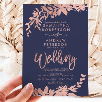 rose gold typography floral navy blue wedding invitation
