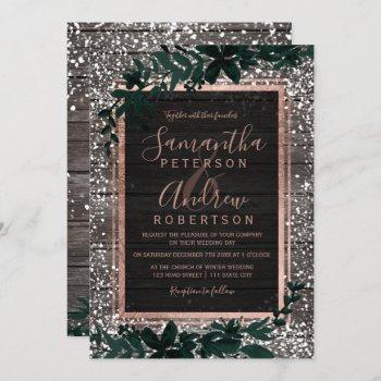 rose gold typography leaf snow wood wedding invitation