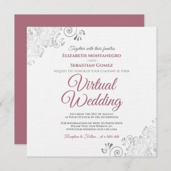 rose on white silver lace elegant virtual wedding invitation
